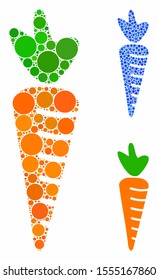 Carrot composition of filled circles in various sizes and color tones, based on carrot icon. Vector filled circles are grouped into blue illustration. Dotted carrot icon in usual and blue versions.