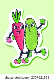 Zanahoria y pepino. Ilustración vectorial de dibujos retro aislada sobre fondo verde brillante.