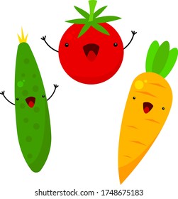 Carrot cucumber and tomato healthy vegetables Cute cartoon characters laughing on a white background concept of food and vitamins
