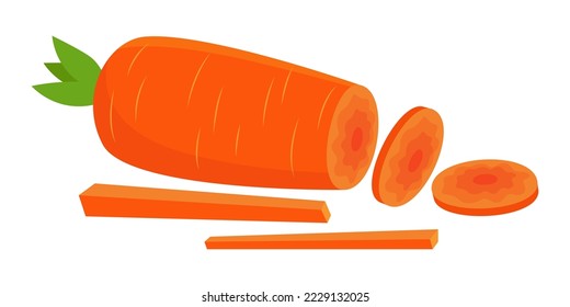Carrot cut into parts vector illustrations set. Big carrot cut into long strips and round slices on white background..Cooking, cutting, vegetable concept.