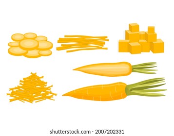 Carrot cut in sticks, dice and slice. Food cooking concept. Illustration used for magazine, poster, card, menu.
