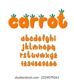 Carrot Cute Alphabet. Cartoon Vegetable Letters and Numbers. Kids English Font.