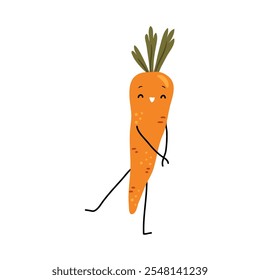 Carrot cute cartoon character with positive face. Vector personage with smiling facial expression and cheerful look. Sticker or for social media. Isolated vegetable mascot with leaves