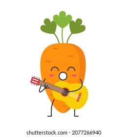 Carrot cute character cartoon plays the guitar sings emotions joy happiness smiling face icon vegetable beautiful vector illustration.