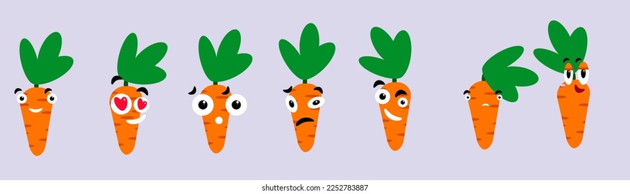 Carrot with cute face, cartoon character set vector illustration isolated