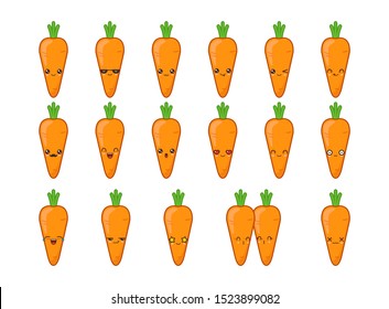 Carrot cute kawaii mascot. Set kawaii food faces expressions smile emoticons. 