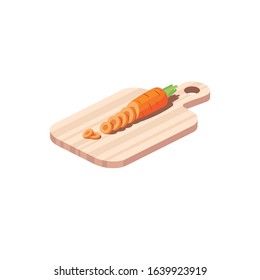 Carrot cutting board wood desk. Vector 3d isometric, color web icon, new flat style. Creative illustration design, idea for infographics.