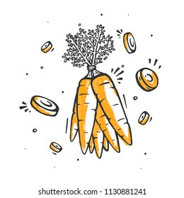 Carrot in doodle style. Organic vegetarian food in sketch style. Raw fresh vegetables.