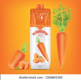 Carrot drink carton mockup in 3d illustration on orange background