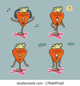 Carrot emoticon set for character. Healthy food symbol collection for social media network logo, notebook sticker, healthy food icon, shirt, hoody, bag print. White isolated stock vector illustration