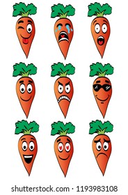Carrot emoticons collection. Cartoon face food emoji. Carrot emoticon.