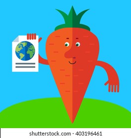 Carrot  engaged in a global search. Flat style vector illustration . Funny cartoon character