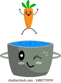 carrot falls into a pot of boiling water fright emotion cartoon characters for design on a white background