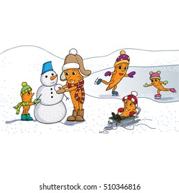 Carrot Family sculpts snowman. Vector illustration cartoon.