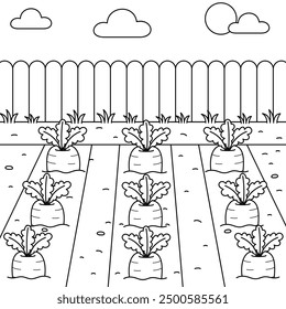 Carrot Field outline coloring page. Farm landscape colouring