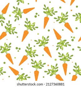 Carrot flat design seamless pattern. Design with leaves and vegetable. Vector illustration of art. Vintage background. Kitchen and restaurant design for fabrics, paper. Suitable for packaging, prints,