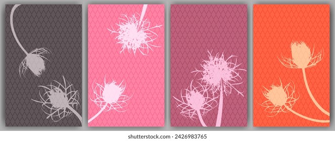 Karotten-Blumen-Banner Vektor-Design. Rustikale flauschige Löwenzahn. Feldblütenknospen symbolisieren ein verliebtes Paar. Heilpflanzen Illustration. Hintergründe der Hochzeitseinladung.