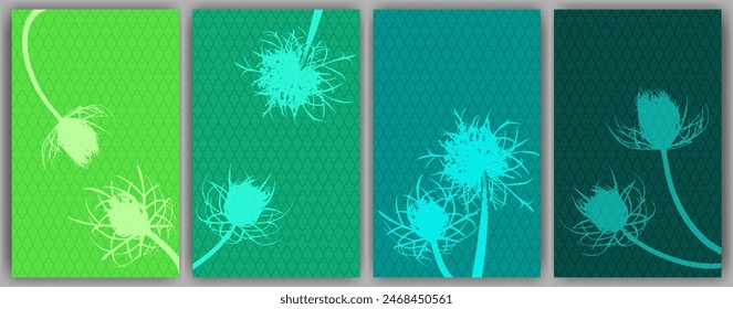 Carrot flower banners vector design. Rustic fluffy dandelions. Summer cards. Wild flower buds symbolising couple in love. Medical plants illustration. Carrot or dandelion blossom silhouettes.