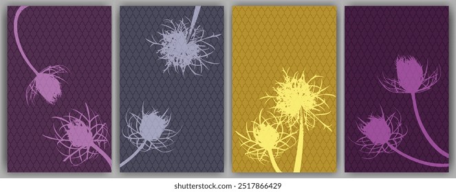 Carrot flower banners vector design. Rustic fluffy dandelions. Summer cards. Field flower buds symbolising couple in love. Healing plants illustration. Wedding invitation backgrounds.