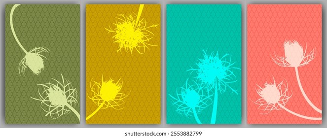 Carrot flower banners vector design. Abstract fluffy dandelions. Field flower buds symbolising couple in love. Medical plants illustration. Minimal botanical graphic elements.