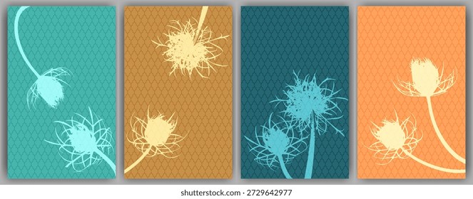 Karotten Blumen Banner Vektordesign. Abstrakte flauschige Löwenzahn. Wilde Blütenknospen, die ein verliebtes Paar symbolisieren. Illustration für medizinische Pflanzen. Karotten- oder Löwenzahn-Blütensilhouetten.
