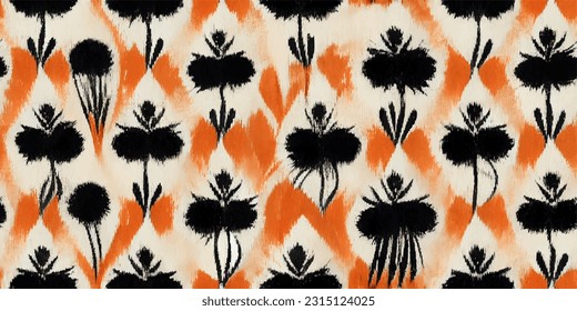 Carrot and flower ikat tribal boho tie die colors flower seamless wallpaper. Motif ethnic handmade beautiful Ikat art. Ethnic abstract floral pink background art. 