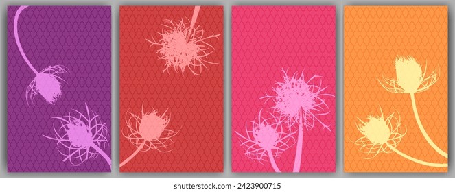 Carrot flower posters vector design. Rustic fluffy dandelions. Wild flower buds symbolising couple in love. Medical plants illustration. Aromatic grass buds.