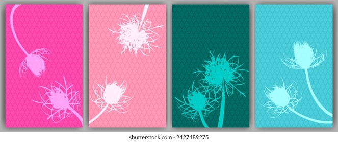 Carrot flower posters vector design. Rustic fluffy dandelions. Wild flower buds symbolising couple in love. Medical plants illustration. Aromatic grass buds.