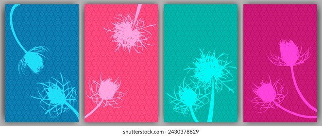 Carrot flower posters vector design. Abstract fluffy dandelions. Wild flower buds symbolising couple in love. Healing plants illustration. Wedding invitation backgrounds.