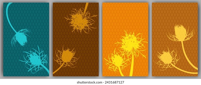 Carrot flower posters vector design. Rustic fluffy dandelions. Field flower buds symbolising couple in love. Medical plants illustration. Organic skin care covers.