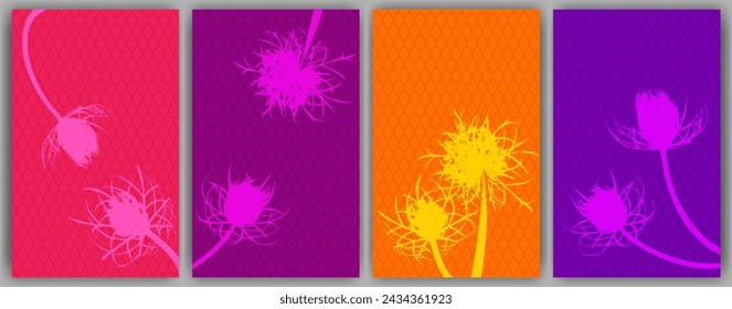 Carrot flower posters vector design. Rustic fluffy dandelions. Wild flower buds symbolising couple in love. Healing plants illustration. Carrot or dandelion blossom engravings.