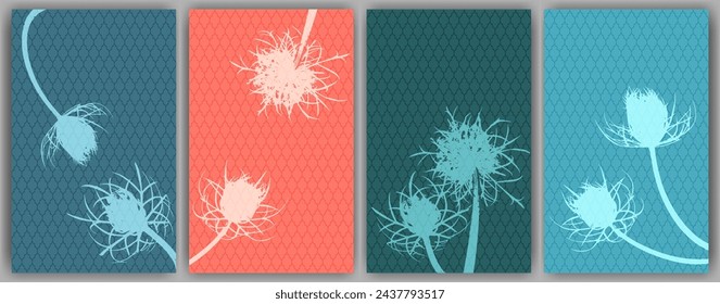 Carrot flower posters vector design. Rustic fluffy dandelions. Field flower buds symbolising couple in love. Healing plants illustration. Wedding invitation backgrounds.