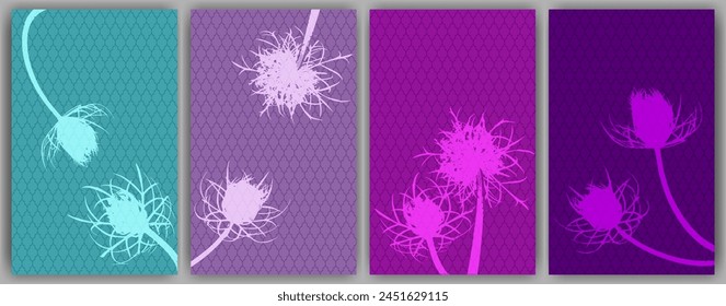 Carrot flower posters vector design. Rustic fluffy dandelions. Wild flower buds symbolising couple in love. Healing plants illustration. Organic skin care covers.