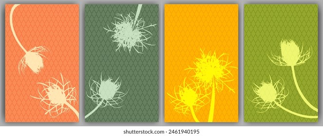 Carrot flower posters vector design. Rustic fluffy dandelions. Summer cards. Wild flower buds symbolising couple in love. Medical plants illustration. Carrot or dandelion blossom silhouettes.