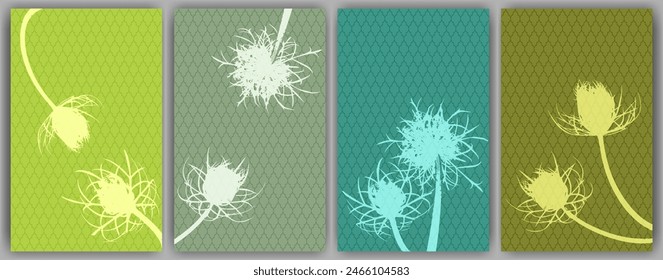 Carrot flower posters vector design. Abstract fluffy dandelions. Field flower buds symbolising couple in love. Healing plants illustration. Carrot or dandelion blossom silhouettes.