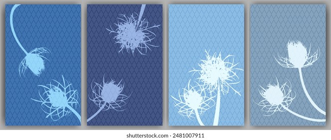 Carrot flower posters vector design. Rustic fluffy dandelions. Spring cards. Wild flower buds symbolising couple in love. Medical plants illustration. Aromatic grass buds.