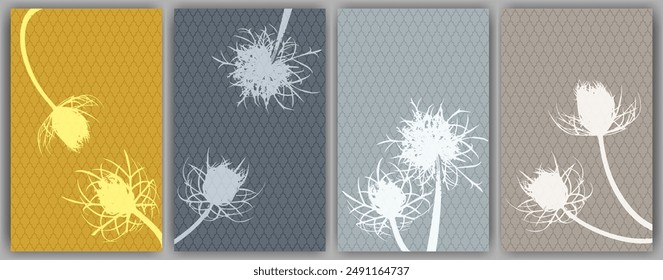 Carrot flower posters vector design. Rustic fluffy dandelions. Spring cards. Field flower buds symbolising couple in love. Medical plants illustration. Organic skin care covers.