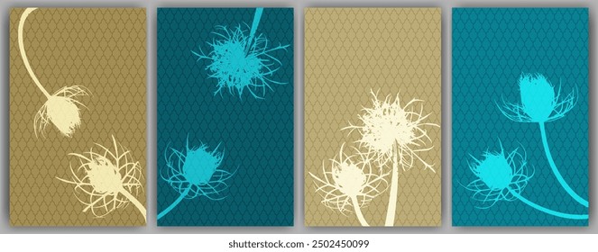Karottenblumen-Poster, Vektordesign. Abstrakte flauschige Löwenzahn. Feldblütenknospen, die ein verliebtes Paar symbolisieren. Heilende Pflanzen, Illustration. Minimale botanische grafische Elemente.