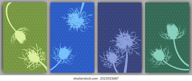 Carrot flower posters vector design. Abstract fluffy dandelions. Wild flower buds symbolising couple in love. Healing plants illustration. Organic skin care covers.