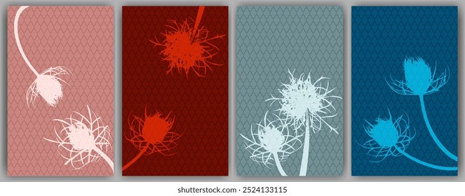 Carrot flower posters vector design. Rustic fluffy dandelions. Summer cards. Wild flower buds symbolising couple in love. Healing plants illustration. Organic skin care covers.