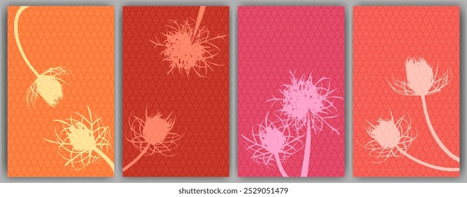 Carrot flower posters vector design. Rustic fluffy dandelions. Spring cards. Field flower buds symbolising couple in love. Healing plants illustration. Wedding invitation backgrounds.