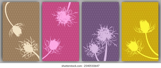 Carrot flower posters vector design. Rustic fluffy dandelions. Field flower buds symbolising couple in love. Healing plants illustration. Carrot or dandelion blossom engravings.