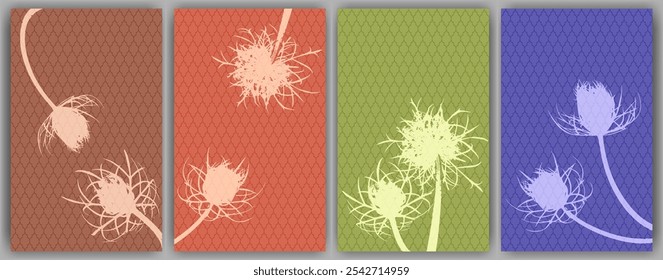 Karottenblumen-Poster, Vektordesign. Abstrakte flauschige Löwenzahn. Wilde Blütenknospen, die ein verliebtes Paar symbolisieren. Heilende Pflanzen, Illustration. Aromatische Grasknospen.