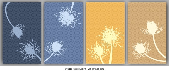 Carrot flower posters vector design. Rustic fluffy dandelions. Summer cards. Wild flower buds symbolising couple in love. Healing plants illustration. Minimal botanical graphic elements.