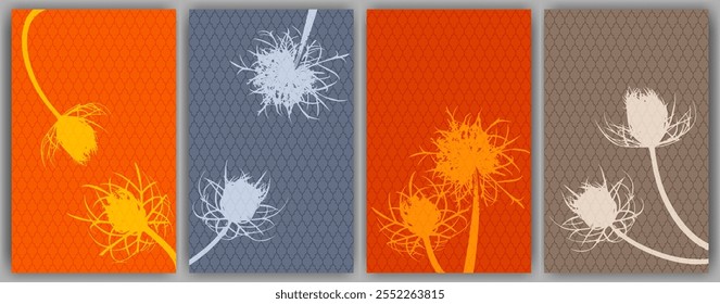 Carrot flower posters vector design. Rustic fluffy dandelions. Summer cards. Wild flower buds symbolising couple in love. Medical plants illustration. Aromatic grass buds.