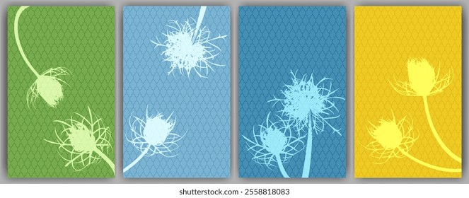 Carrot flower posters vector design. Rustic fluffy dandelions. Spring cards. Field flower buds symbolising couple in love. Healing plants illustration. Wedding invitation backgrounds.