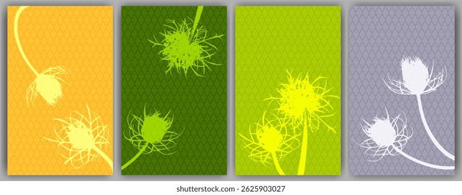 Carrot flower posters vector design. Abstract fluffy dandelions. Wild flower buds symbolising couple in love. Healing plants illustration. Minimal botanical graphic elements.