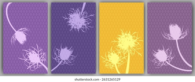 Carrot flower posters vector design. Rustic fluffy dandelions. Wild flower buds symbolising couple in love. Healing plants illustration. Carrot or dandelion blossom engravings.