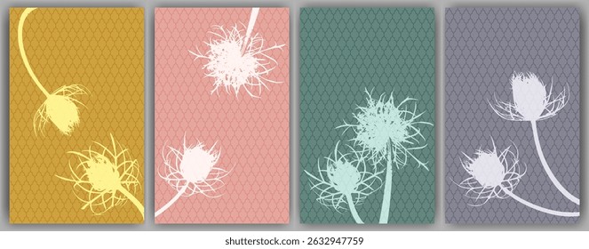 Carrot flower posters vector design. Rustic fluffy dandelions. Spring cards. Field flower buds symbolising couple in love. Medical plants illustration. Organic skin care covers.