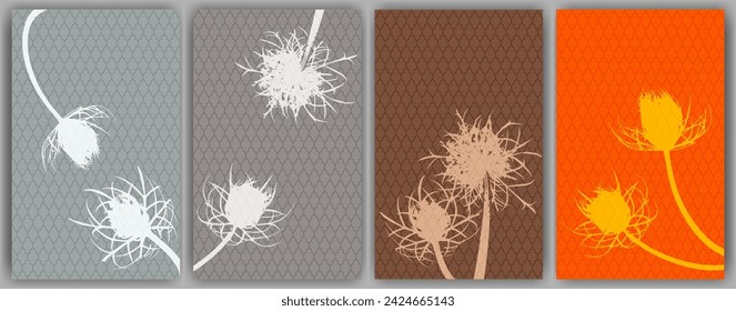 Karotte Blume Wand Kunst Vektor-Design. Abstrakte flauschige Löwenzahn. Wilde Blütenknospen symbolisieren ein verliebtes Paar. In: Medical Plants Illustration. Minimale botanische grafische Elemente.